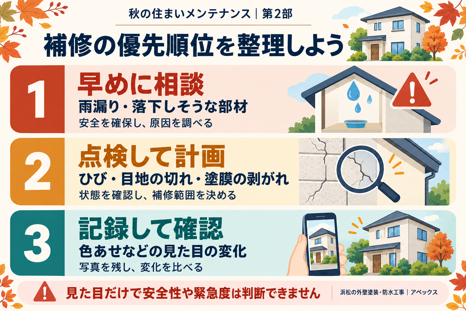 補修の優先順位。雨漏りや落下しそうな部材は早めに相談し、ひびや目地の切れは点検して計画。色あせなどは記録して確認する。見た目だけでは緊急度を判断できない。